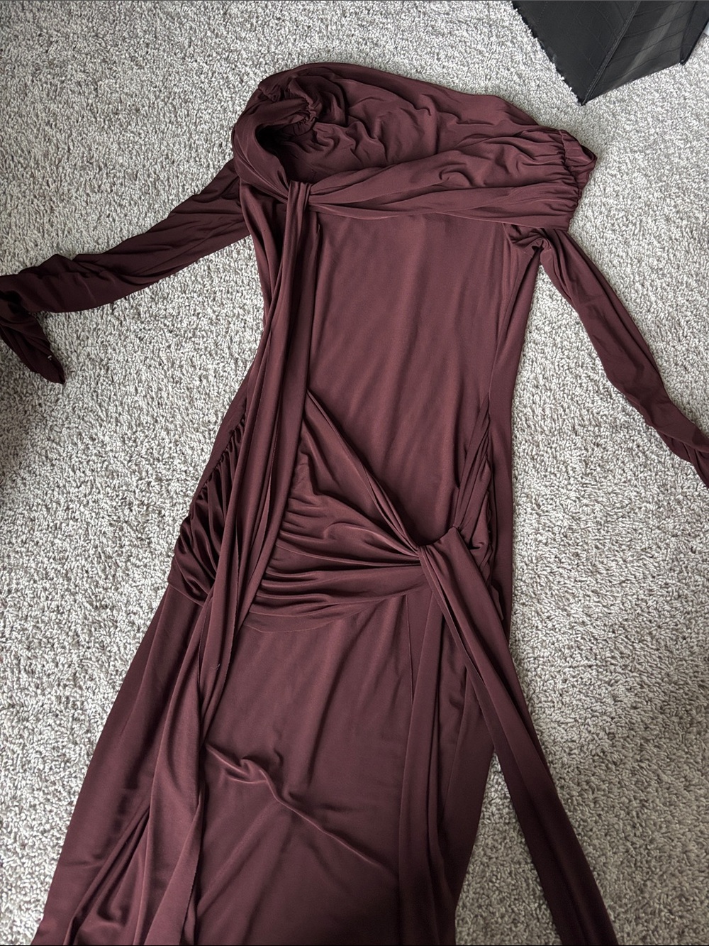 Club L London Burgundy Draped Long Sleeve Midi Dress